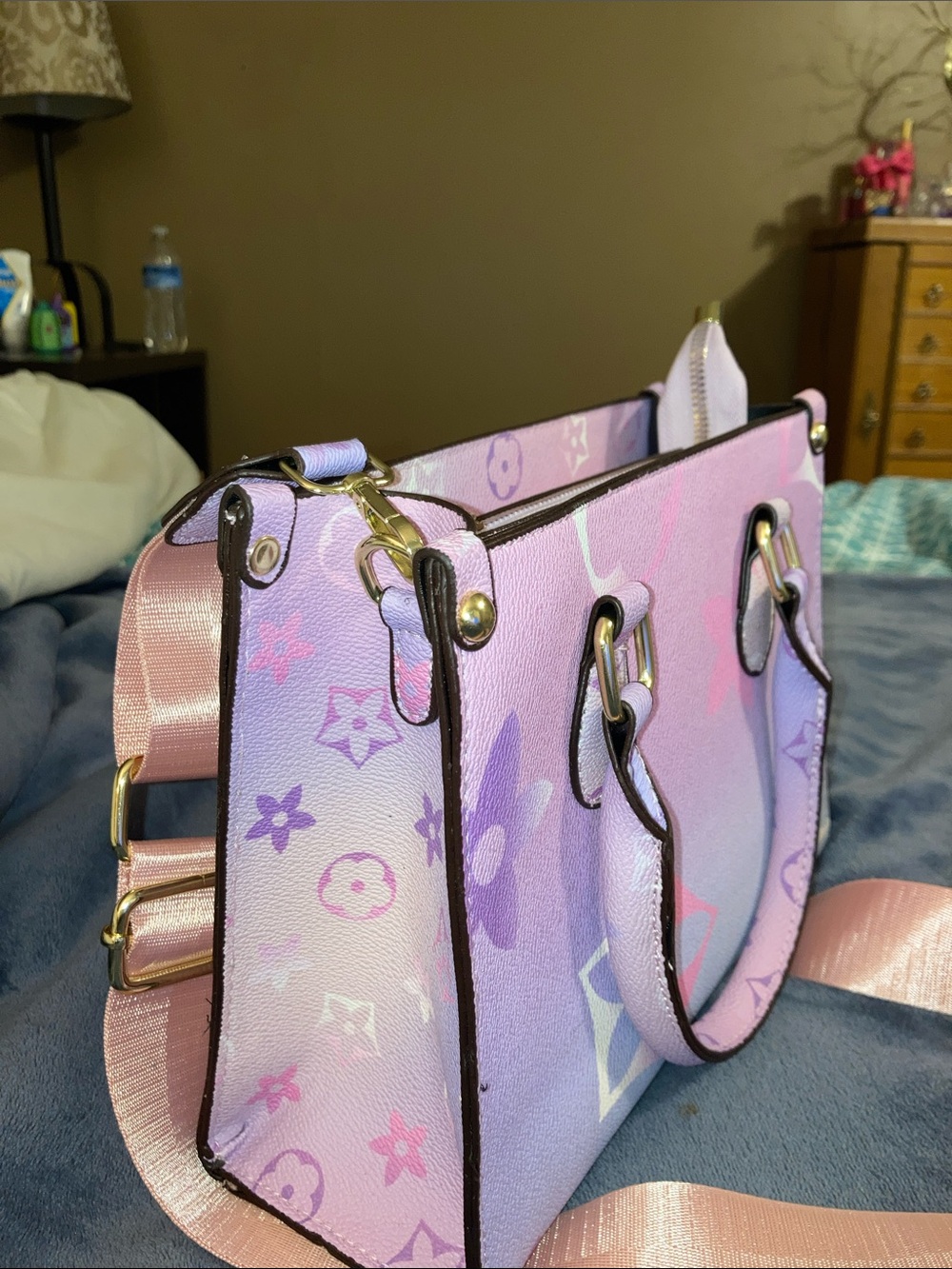 Designer-Inspired Lavender Floral Tote with Pink Strap - Picture 9 of 9